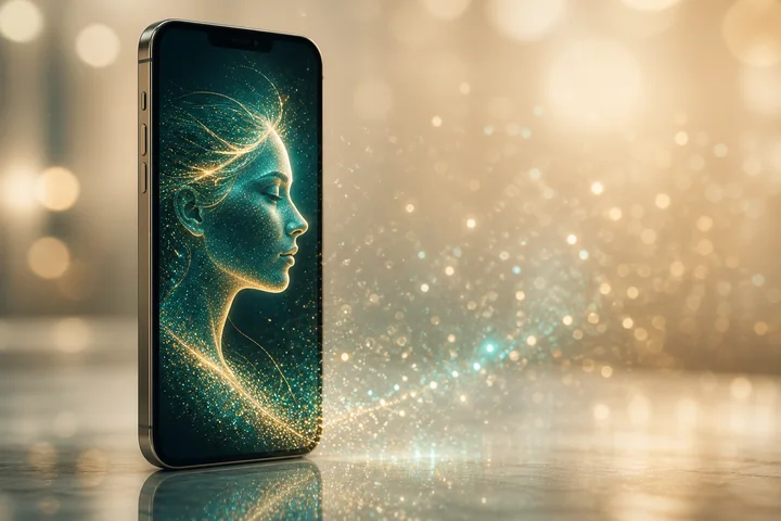 Smartphone showing a glowing abstract portrait